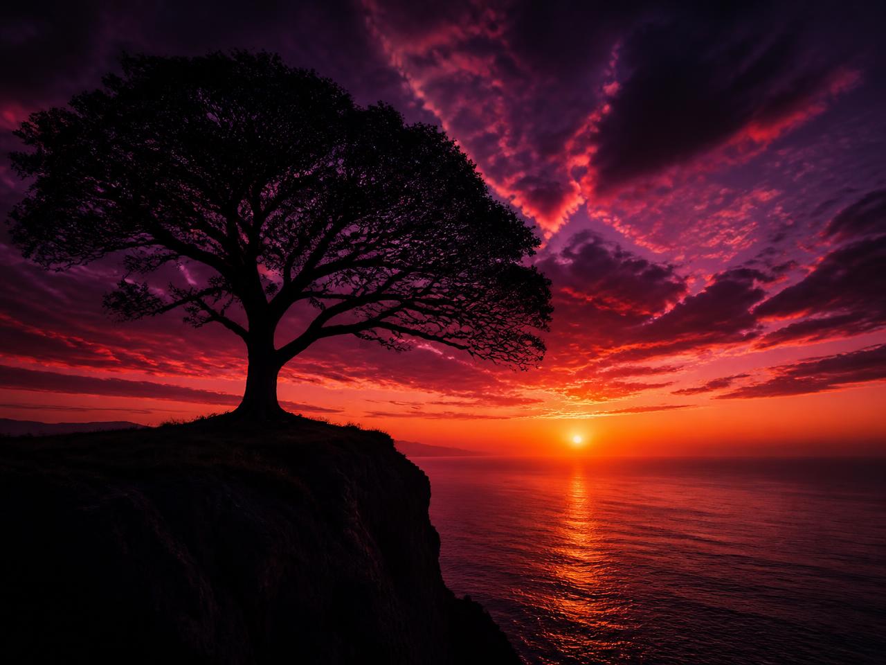 Lone tree silhouetted on a cliff against a purple and magenta sunset